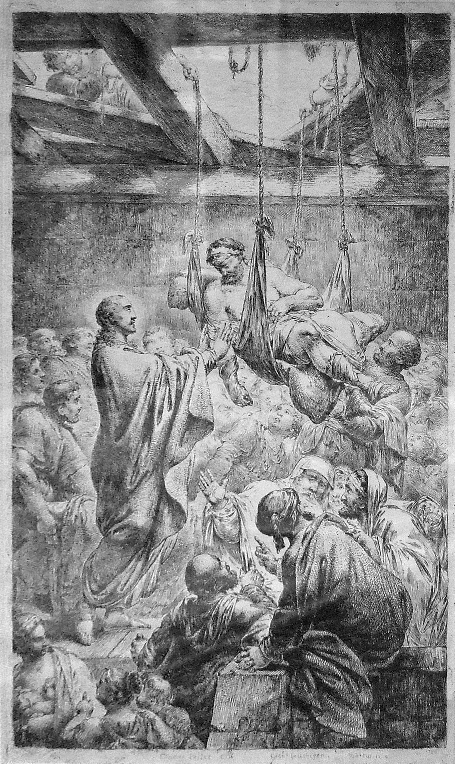 Engraving of Jesus healing paralyzed man