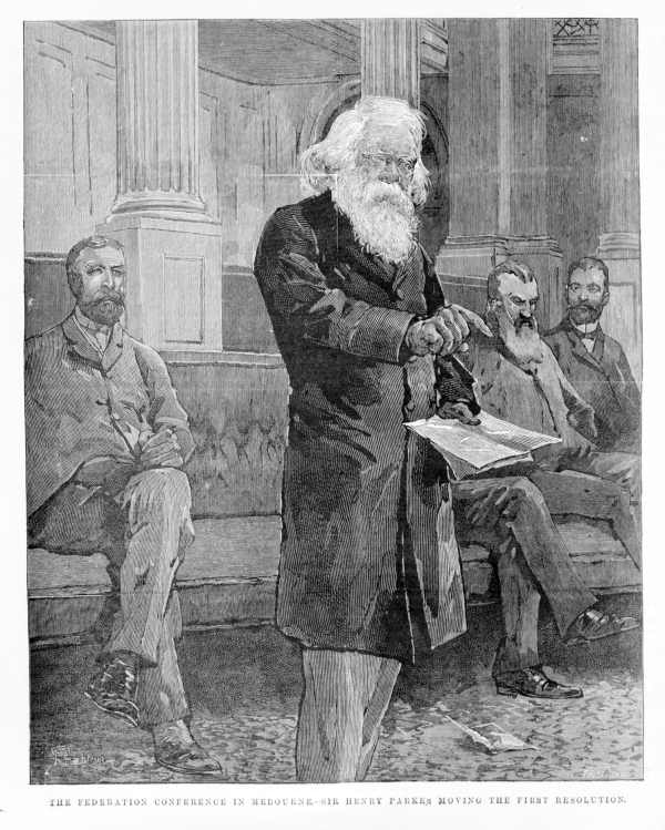 Ukiran kayu Sir Henry Parkes yang menggerakkan resolusi pertama pada persidangan persekutuan di Melbourne, 1 Mac 1890