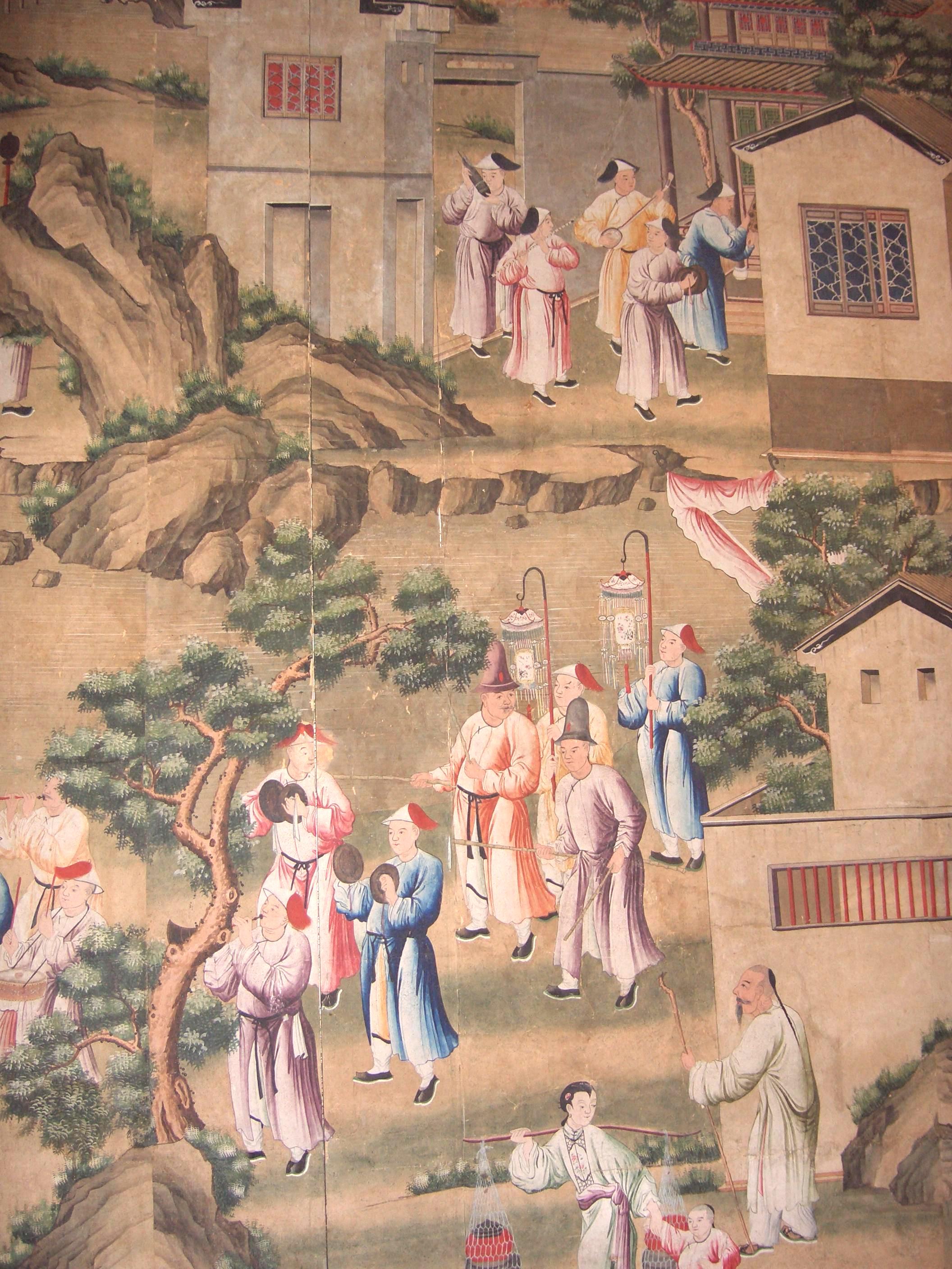 Chinese Wallpaper showing a funeral procession. Qianlong period, approx.