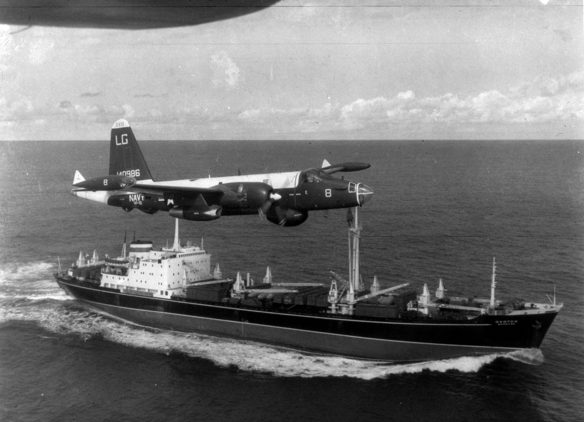 U.S. Navy patrol flying over a Soviet freighter, Cuban Missile Crisis, October 1962