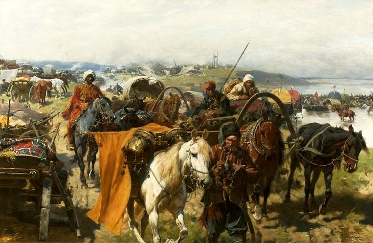 Camp of the Zaporizhian Cossacks, probably set in the late 16th or early 17th century. Józef Brandt (1841–1915). 