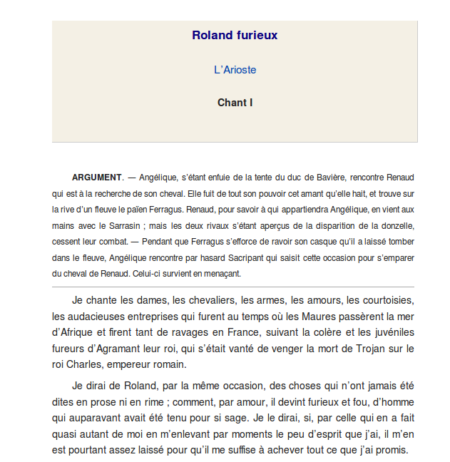 Début du Roland furieux : typographie de l'argument distincte de celle du texte.