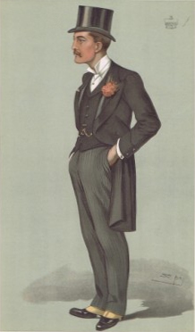 Colored drawing of a man in a 19th-century suit with a frock coat, waistcoat, spats, top hat and large red flower in his button hole, facing 3/4 to his right