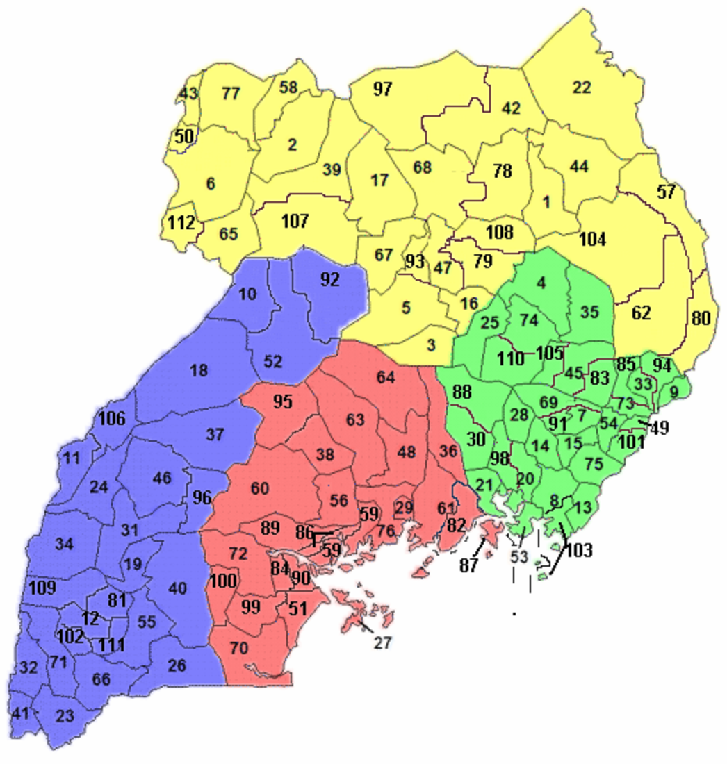 A clickable map of Uganda exhibiting its 111 districts and Kampala.