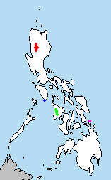Mapa de distribuição das espécies de Crateromys nas Filipinas. Vermelho: C. schadenbergi; azul: C. paulus; verde: C. heaneyi; rosa: C. australis.