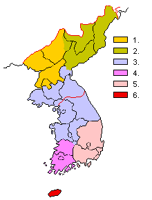 【그림1】오구라 신페이 방언 구획Ogura(1940)에 의거함1.평안도 방언2.함경도 방언3.경기도 방언4.전라도 방언5.경상도 방언6.제주도(濟州島) 방언