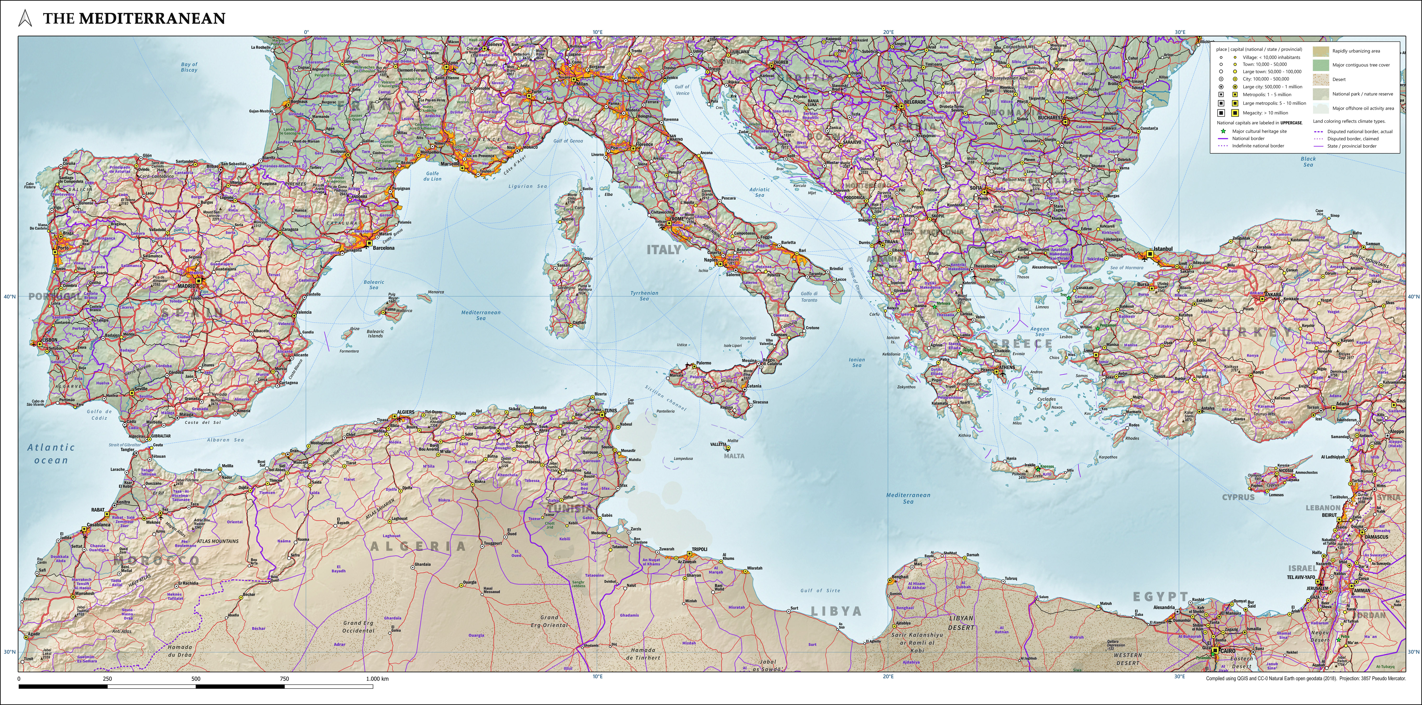 Map of the Mediterranean Sea from open Natural Earth data, 2020