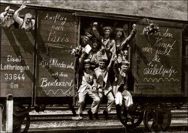 German soldiers in a railway goods wagon on the way to the front in 1914. 