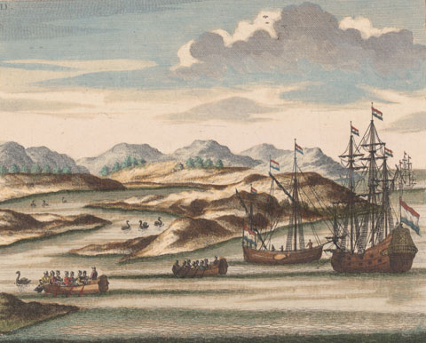 威廉·德弗拉明格 （ Willem de Vlamingh ）的船，有黑色天鹅，在西澳大利亚州天鹅河的入口处，彩色雕刻（1726），是根据1696–97的德弗拉明格（D Vlamingh）探险队的较早绘画而绘制的（现已丢失）