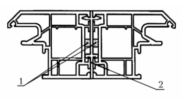 1 — изоляционная саморасширяющаяся паропроницаемая лента; 2 — соединитель Рисунок А.15 — Узел соединения оконных коробок