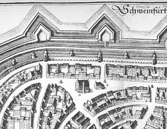 Ausschnitt Stadtplan von M. Merian. Rechts Kilianskapelle, (ab 1563 als Gießhaus genutzt) links Zeughaus. 1656