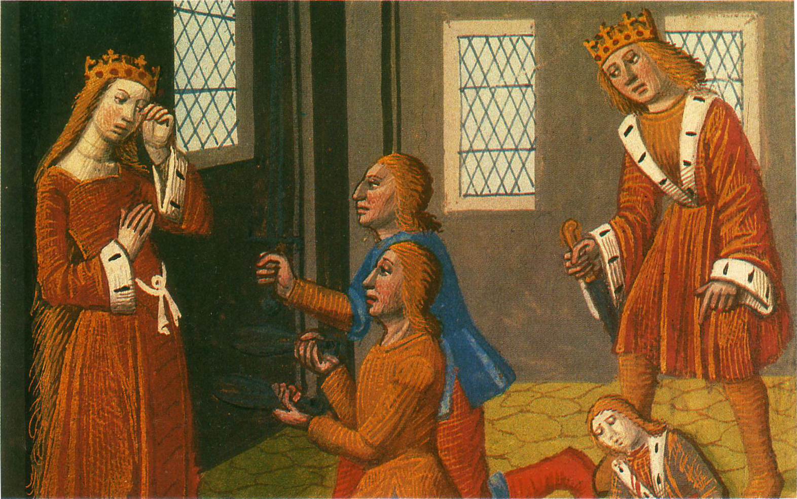 Clotaire I. (Chlothar) und Childebert I. bringen ihre Neffen um während Clotilde daneben steht und weint, Manuskript aus dem 15. Jahrhundert, public domain/gemeinfrei, 