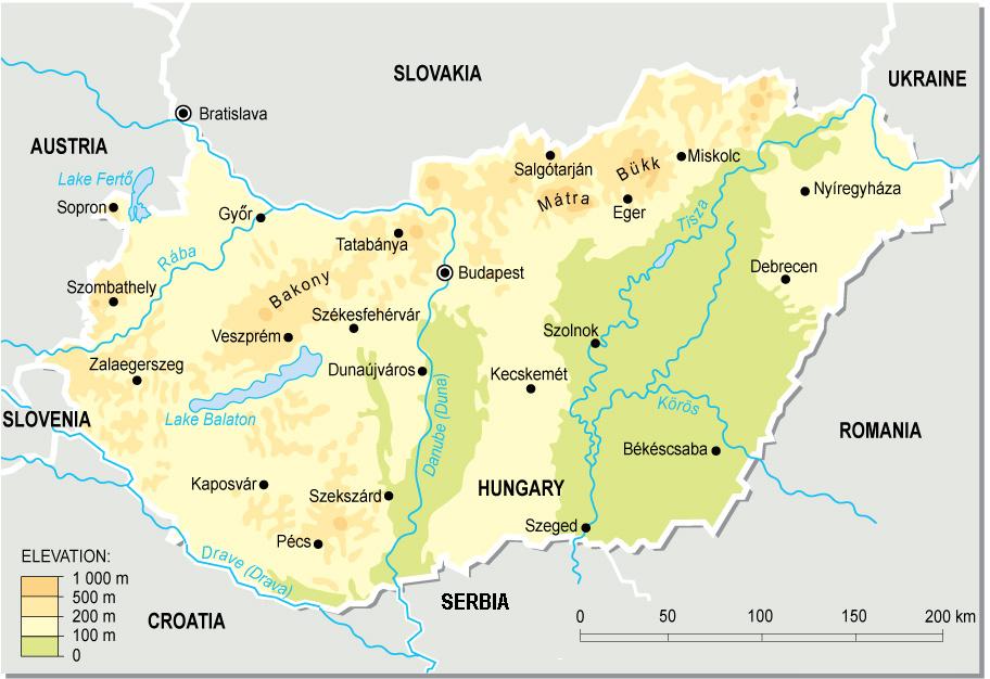 Carte topographie de la Hongrie.