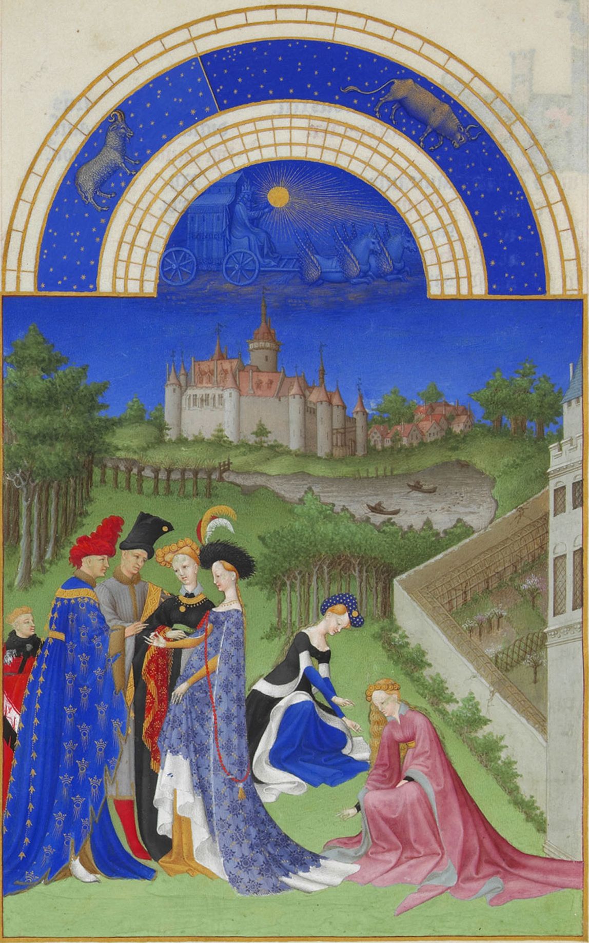 Noble men and women with the Chateau de Dourdan in the background.   