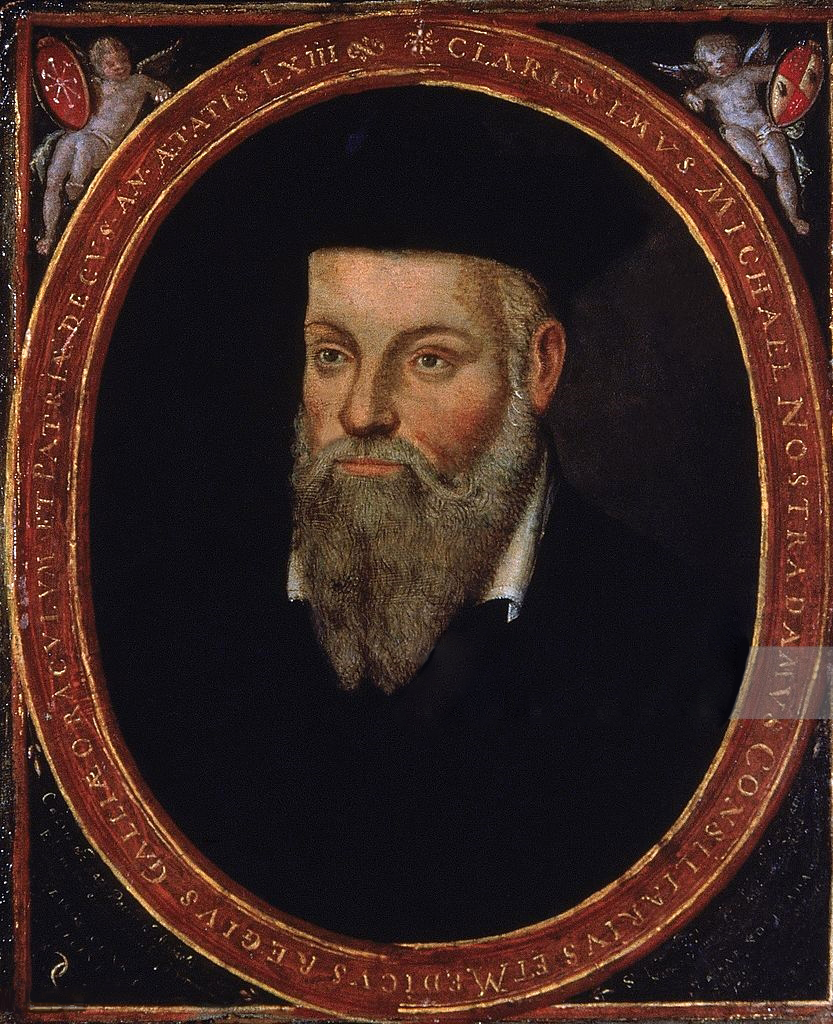 A rich, colorful, bordered image of Nostradamus