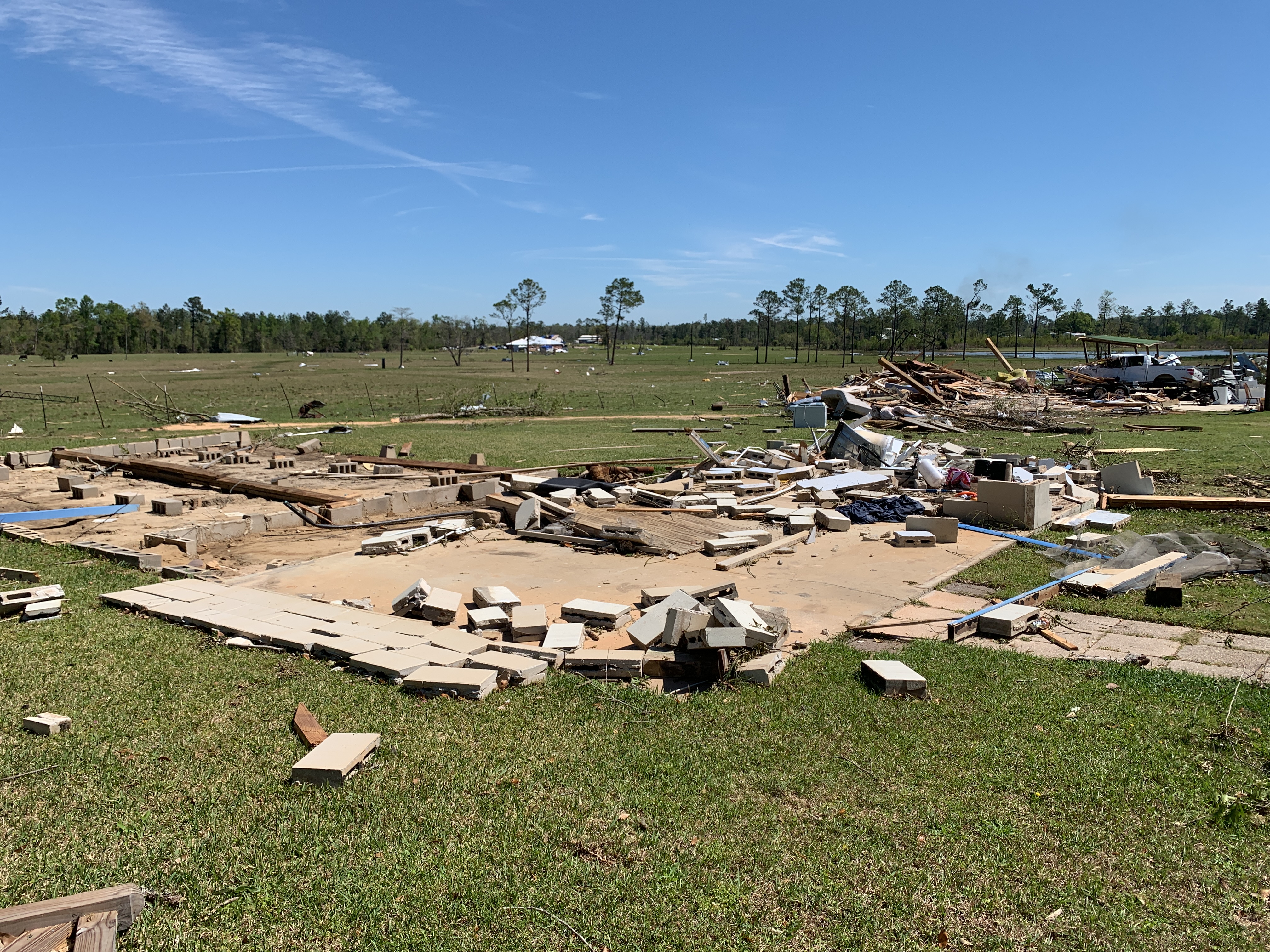 A block foundation home that was destroyed at EF3 intensity west of Alford, Florida.