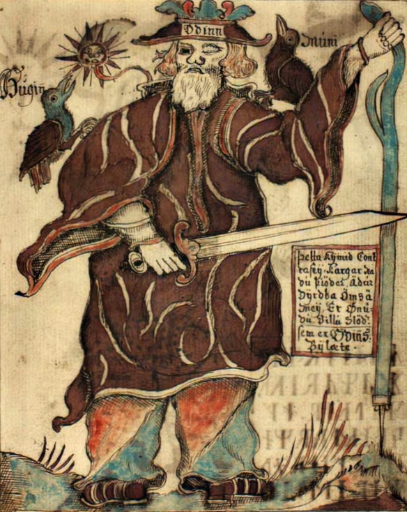 Odin turns to the ravens Hugin and Munin. Image of the 18th century Icelandic manuscript.