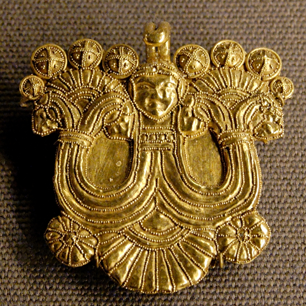 Gold pin with a Mistress of the Animals (potni...
