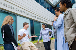 students outside the Frederick S. Pardee RAND Graduate School