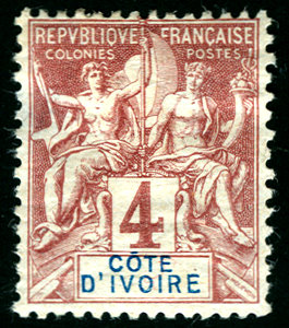 1892: марка номиналом в 4 сантима для Кот д’Ивуар (Берег Слоновой Кости) из французской серии колониального типа «Мореплавание и торговля»[en]