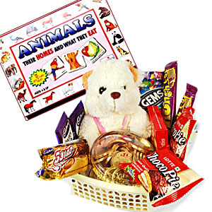 A soft-toy and chocolate gift hamper