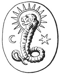 A gemstone engraving of a serpent with a lion's head, framed by a sun-like halo. A crescent moon and six-pronged star are drawn on the left and right side of the creature, respectively.