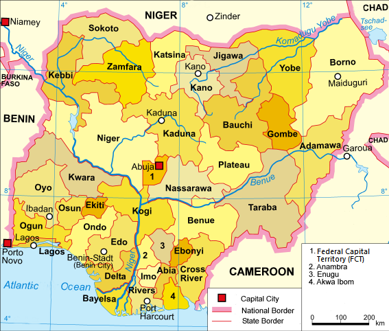 Klikatelná mapa Nigérie s 36 státy a federálním hlavním městem.