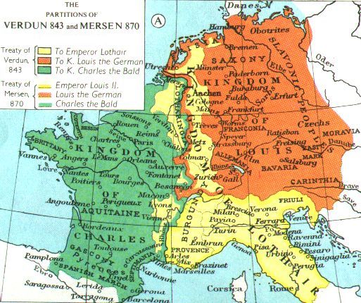 ヴェルダン条約（843年）とメルセン条約（870年）で定められた国境