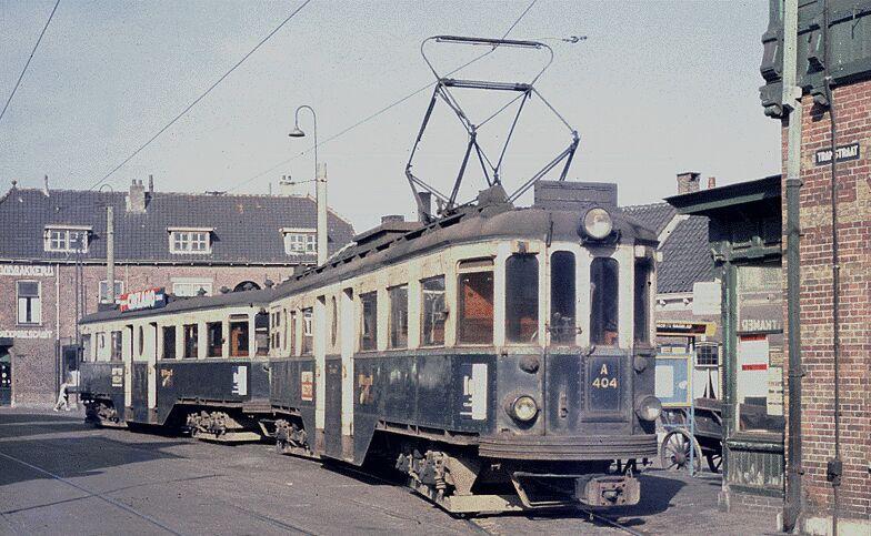 NZH-Tram A404 (Boedapester; built by Ganz, Budapest, Hungary in 1924) + B400 at the Tramstraat in Katwijk, circa 1960. Taken from Dutch Wikipedia.