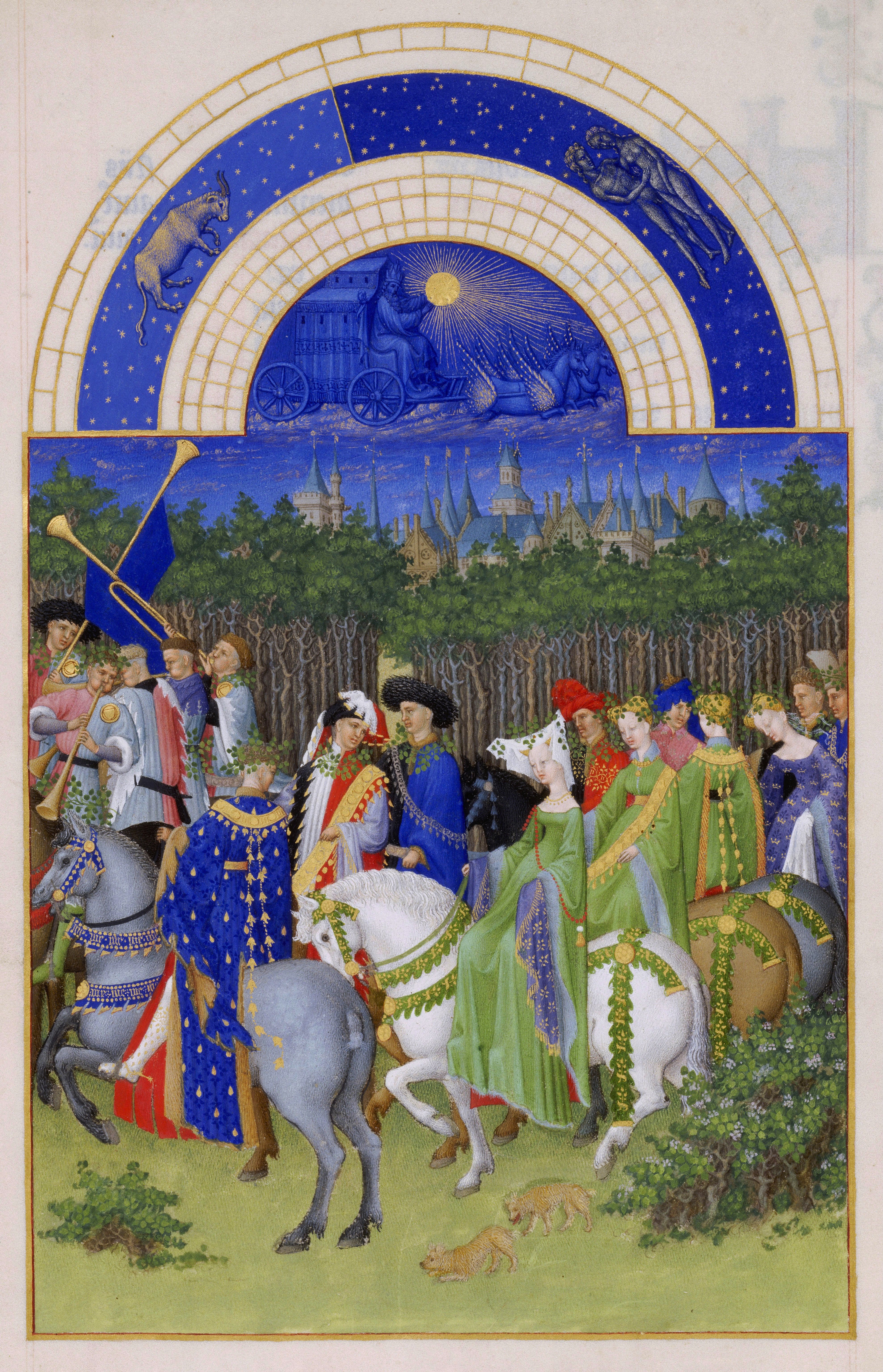 Limbourg Brothers, "The Book of Hours." Celebrating the first day of May. The procession goes to the forest to collect branches and flowers.