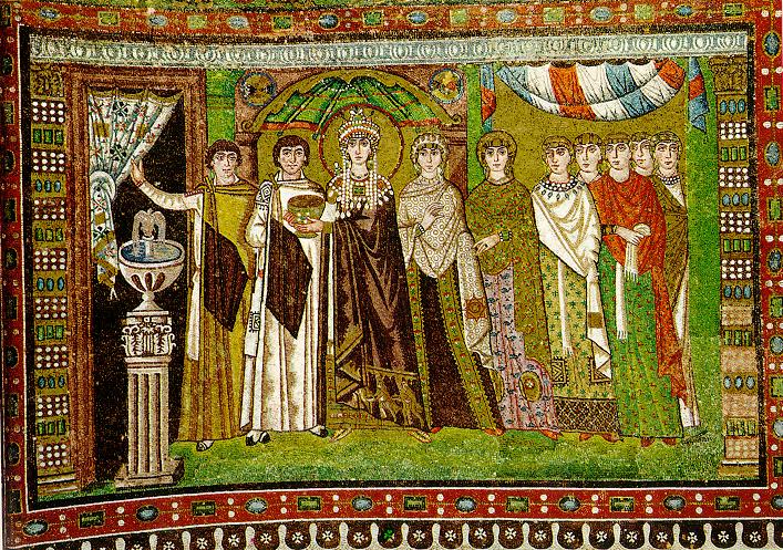 Keiserinne Theodora med sitt hoff, mosaikk fra San Vitale i Ravenna (500-t)