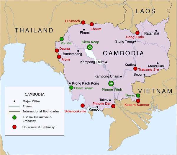 File:Map of Cambodian immigration checkpoints which accept e-visa or visa on arrival.gif