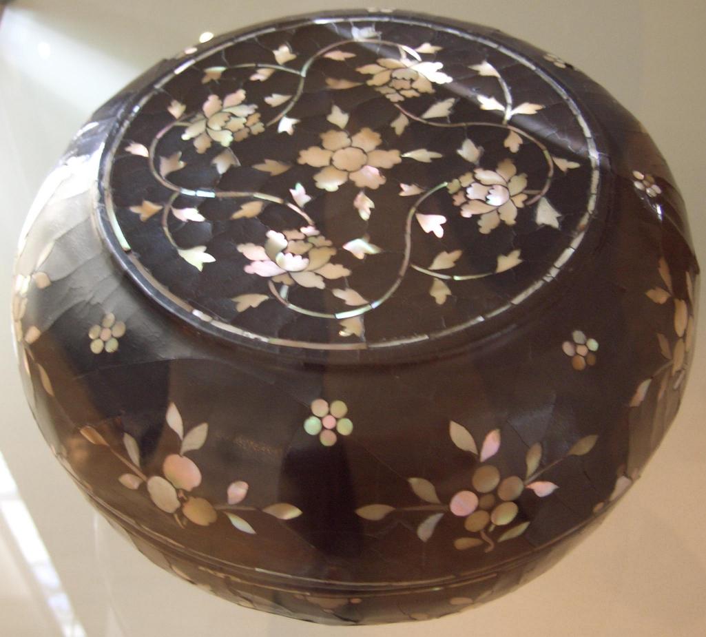 Chinese Mother of Pearl Lacquer Box with Peony Decor