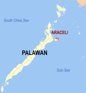 Mapa han Palawan nga nagpapakita kon hain nahamutangan an Araceli