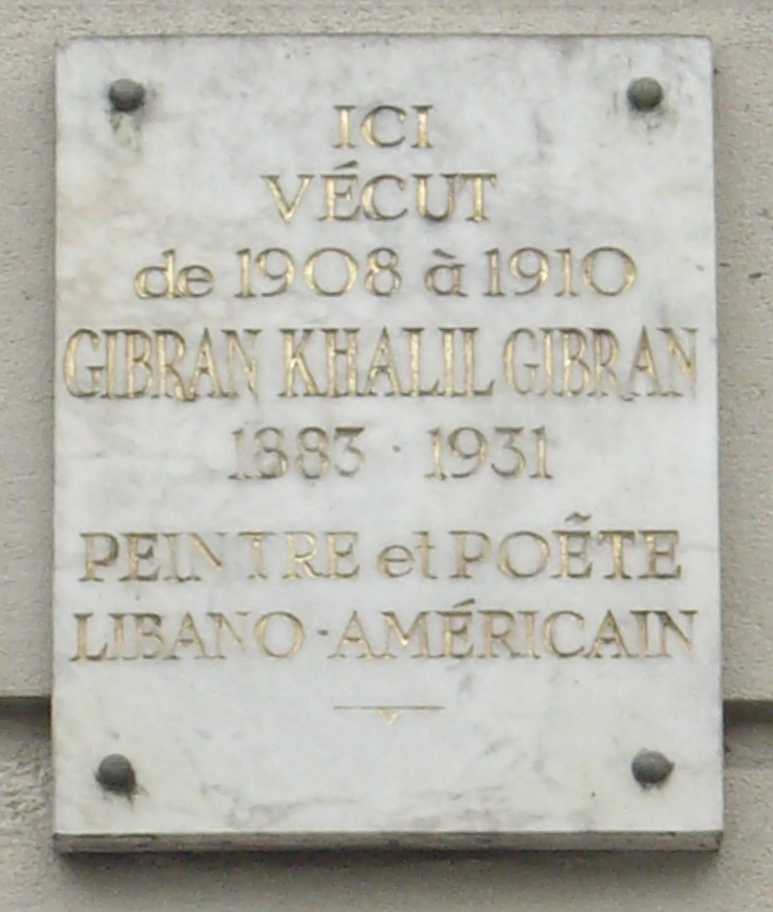 Description Plaque Khalil Gibran, 14 avenue du Maine, Paris 15.jpg