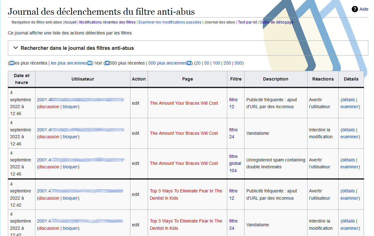 Présentation du journal des abus sous forme de table.