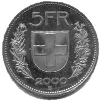 מטבע שווייצרי עשוי קופרניקל, שבו תכולת הניקל היא 25%