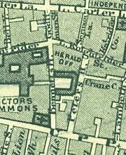 1862 map showing layout of the College (labelled Herald Off.). Carter Lane and Upper Thames Street can be seen running parallel to the north and south of the College, respectively. St Benet's, Paul's Wharf, the official church of the College since 1555, can be seen to the south west. Herald Office, London - Stanford Map of London, 1862.jpg