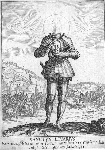 Den hellige Livarius, illustrasjon av Jacques Callot (1592-1635) til Alphonse de Rambervillers (ca 1560-1633): &#171;Les actes admirables en prosperit&#233;, en adversit&#233;, et en gloire du bienheureux martyr Sainct Livier, Gentil-homme d&#8217;Austrasie&#187; (1624)