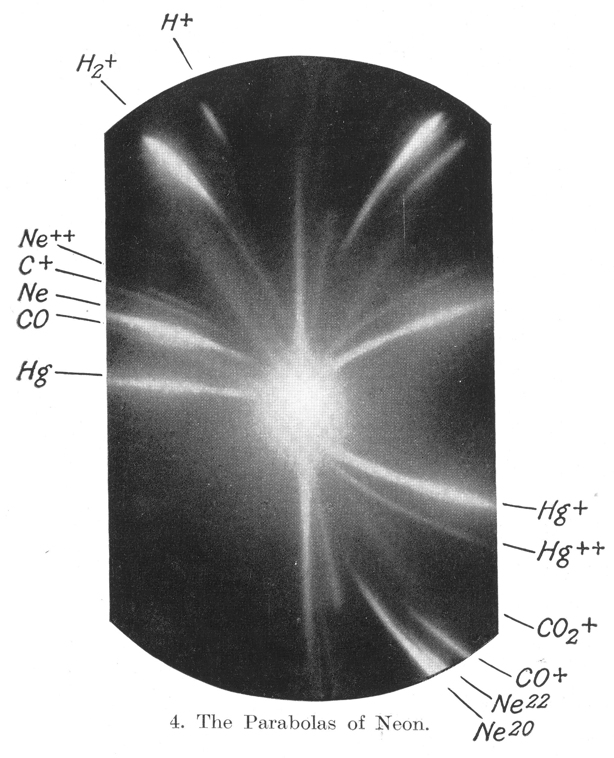 In the bottom right corner of this photographic plate are markings for the two isotopes of neon: neon-20 and neon-22.