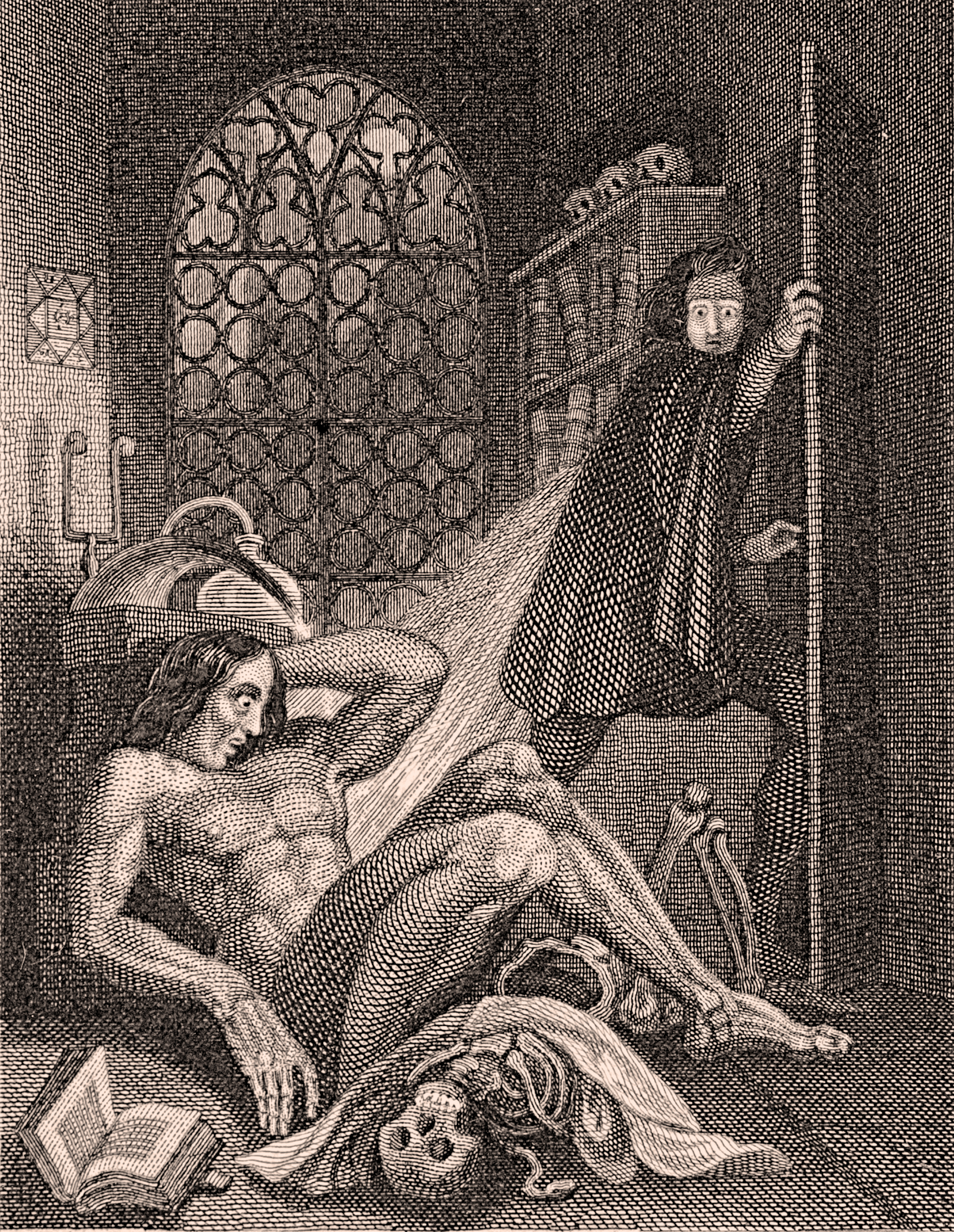 Engraving showing a naked man awaking on the floor and another man fleeing in horror. A skull and a book are next to the naked man and a window, with the moon shining through it, is in the background.