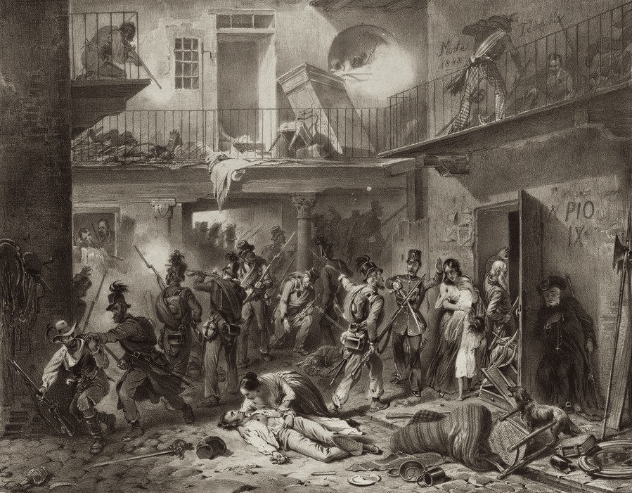 Immagine:Adam lith. - Cacciatori tirolesi in azione in Milano - litografia - ca. 1850.jpg