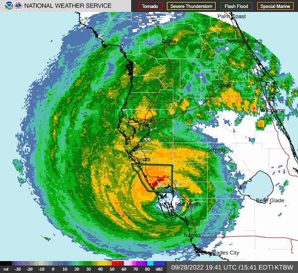 Hurricane Ian makes landfall on September 28, 2022 in just south of Punta Gorda in Southwest Florida as seen from the KTBW radar