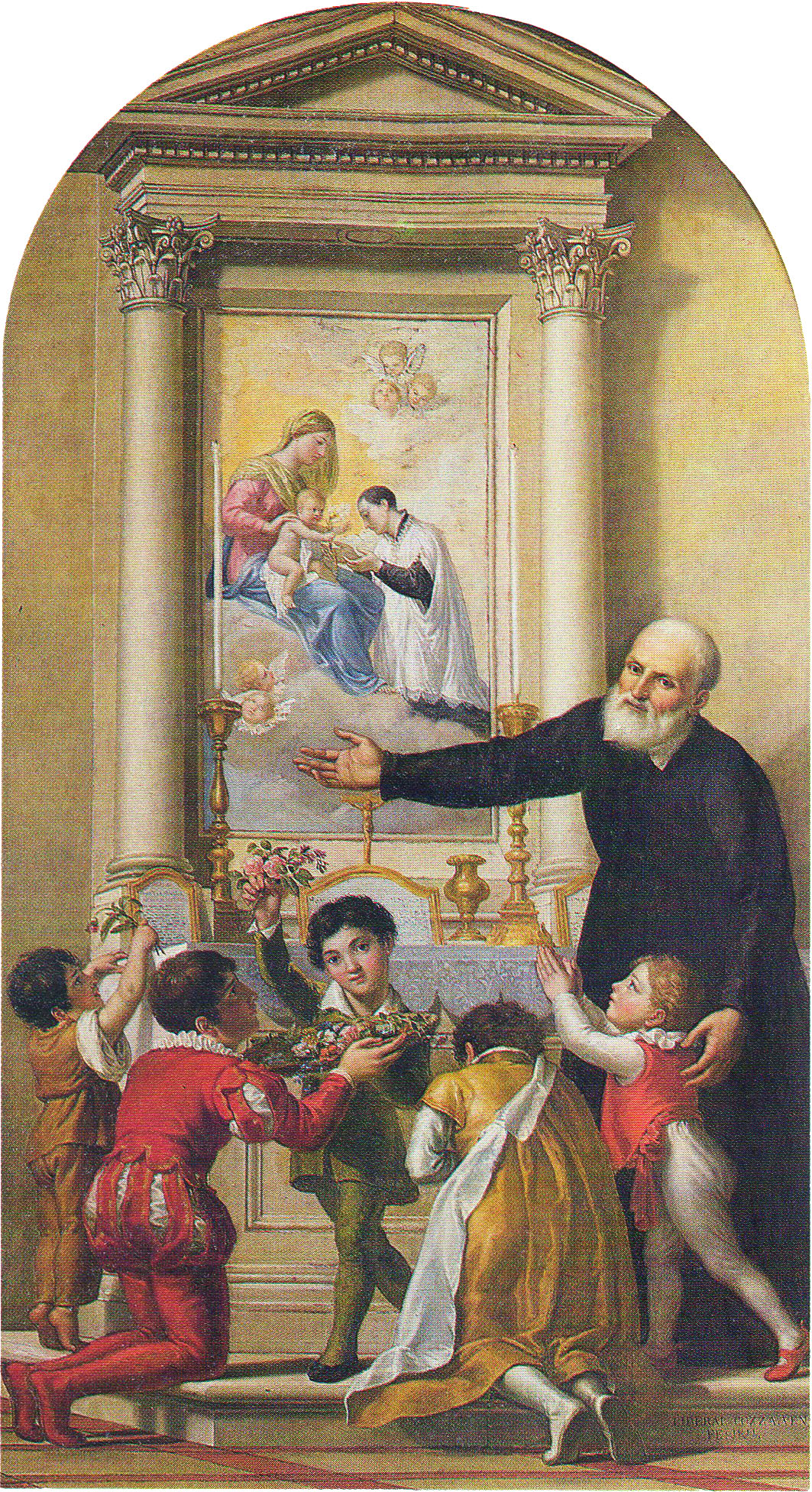 Filippo Noirs invite les enfants à vénérer la Vierge Marie dans images sacrée San_filippo_neri_invita_i_fanciulli_a_venerare_la_madonna_(liberale_cozza)