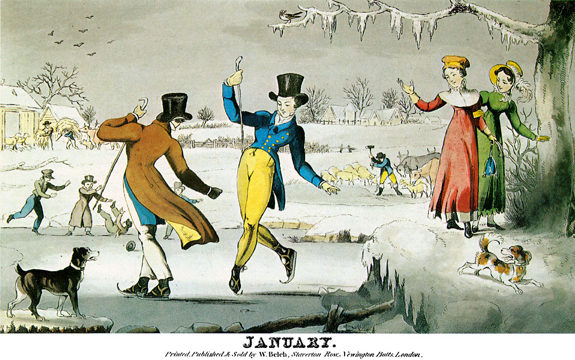 people ice skating 1820s print