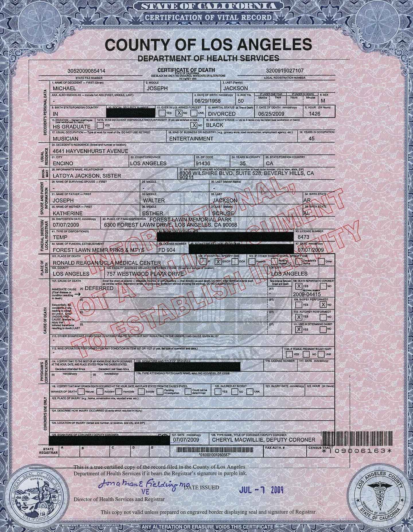 Michael Jackson's death certificate 