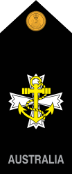 RAN Chaplain and MSWO insignia (pre-January 2021). Replaced by the CHAP / MSWO insignia with denominational collar patches. Royal Australian Navy Chaplain rank slide.png