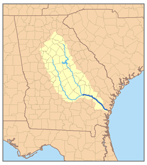 Kort over Altamaha Rivers afvandingsområdemed de to hovedtilløb Ocmulgee River og Oconee River.