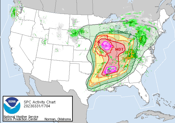 The SPC 1630 UTC outlook for 3/31/2023 with the watches and radar imagery overlayed.