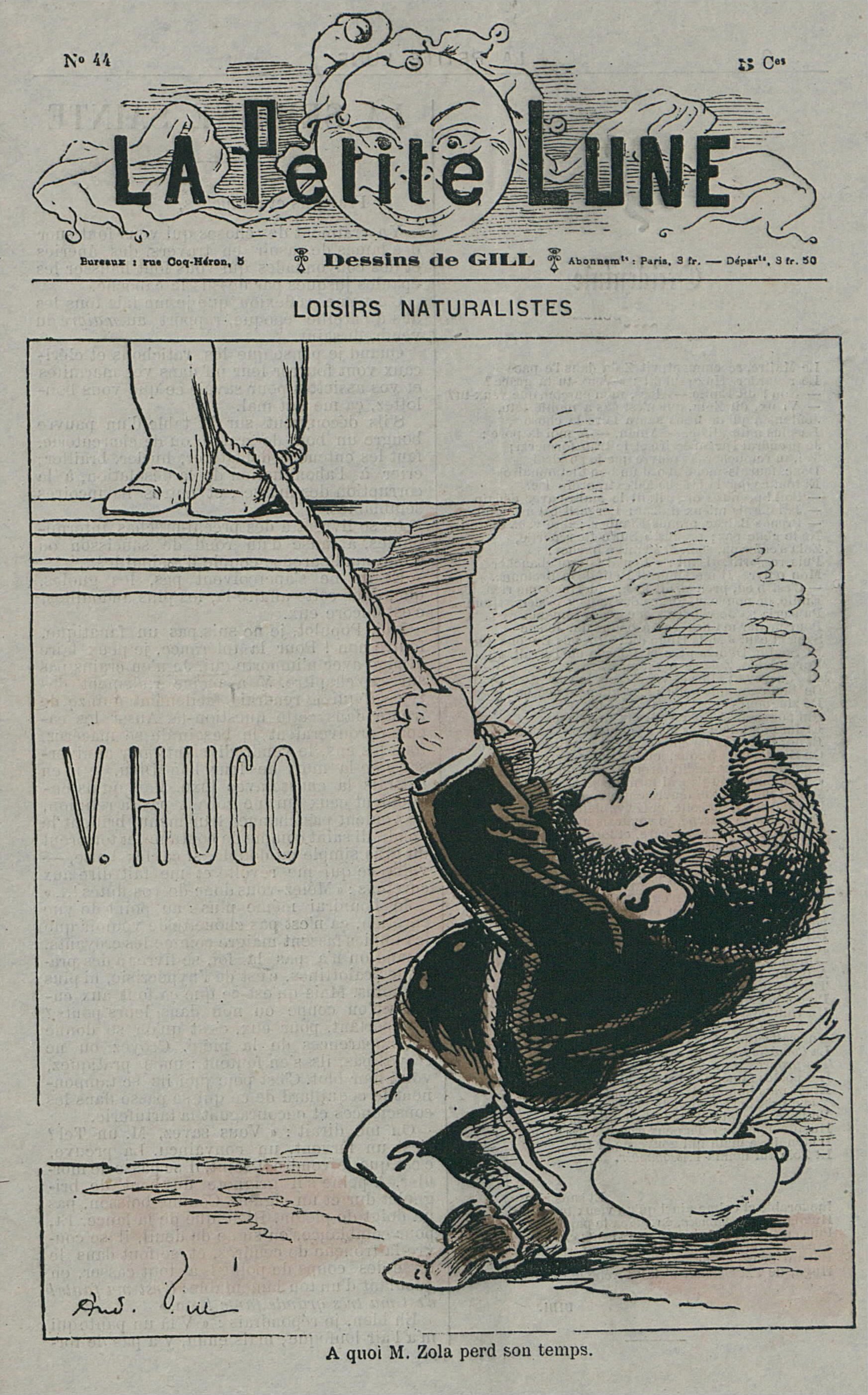Cariacature showing young Zola trying to pull Hugo off his pedestal. (1879)